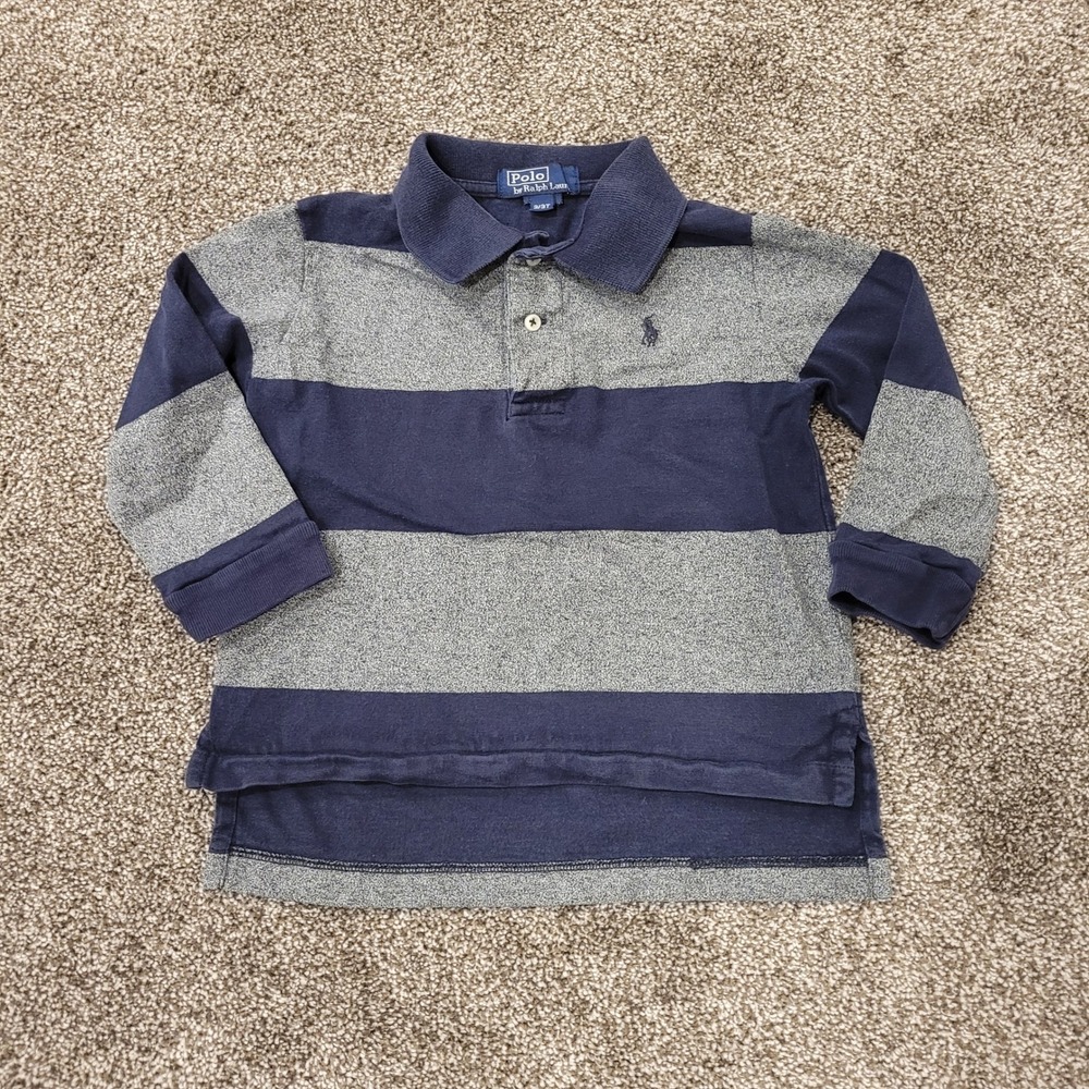 Polo Ralph Lauren Kids 3T Long Sleeve Striped Rugby Shirt Navy Grey - Picture 2 of 7